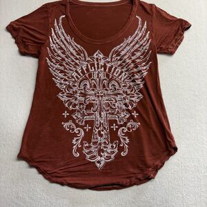 AFFLICTION Vintage Y2K Rhinestone Cross Wings Tee Shirt Womens Size L